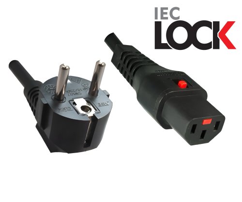 DINIC Netzkabel Schuko auf C13 mit Verriegelung, locking, 1mm², 2m